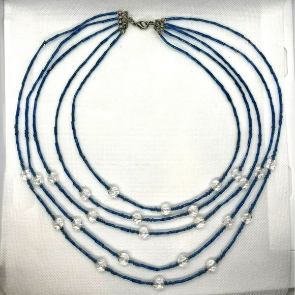 Clear Faceted Crystal & Blue Glass Bugle Beads Multi Layer Silver Tone Necklace‎ - Picture 7 of 10